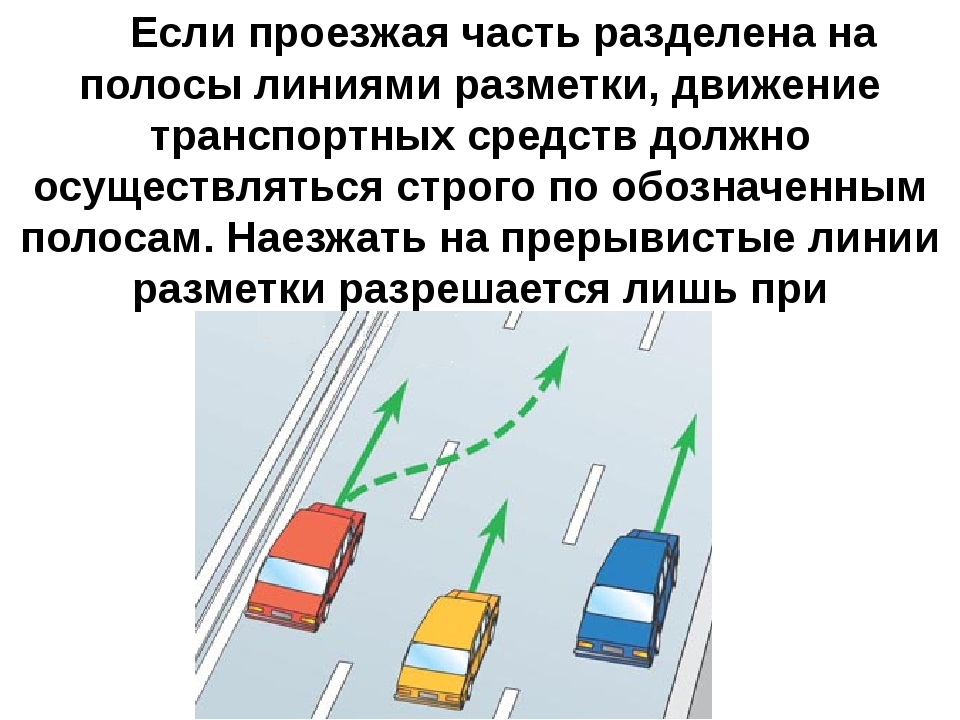 Перестроение в пределах полосы. Проезжая часть разделена на полосы движения линиями разметки. Линия разметки разделяющая транспортные потоки 1.1. Разрешается наезжать на прерывистые линии разметки. Перестроение по полосам движения.