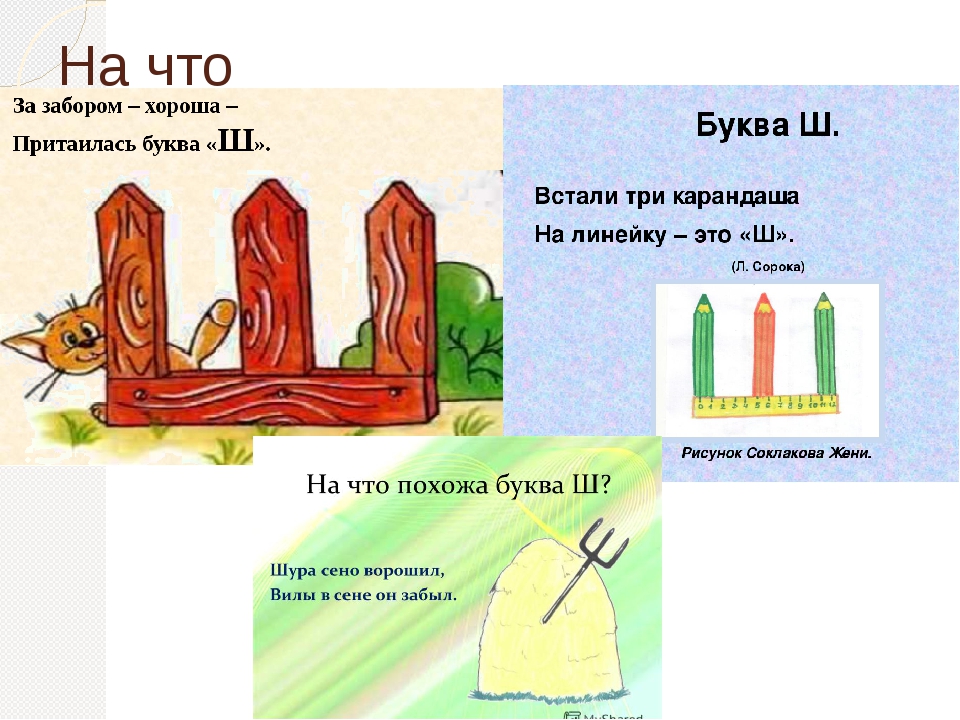 Проект буква ш. На что похожа буква ш. На что похожа буква ш рисунок. На что похожа буква ш в картинках для детей. Буква ш похожа на шипы.