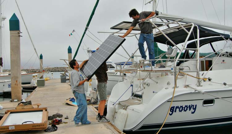 Solar panel installation on a sailboat