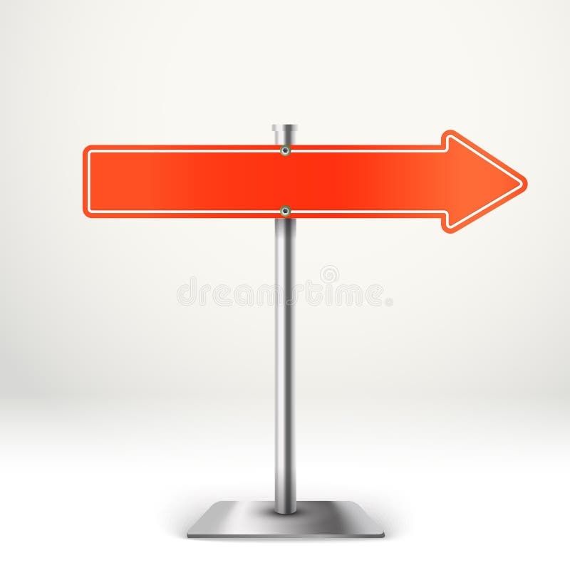 Blank metal red arrow board. Template for a text. Direction to t. He right vector illustration