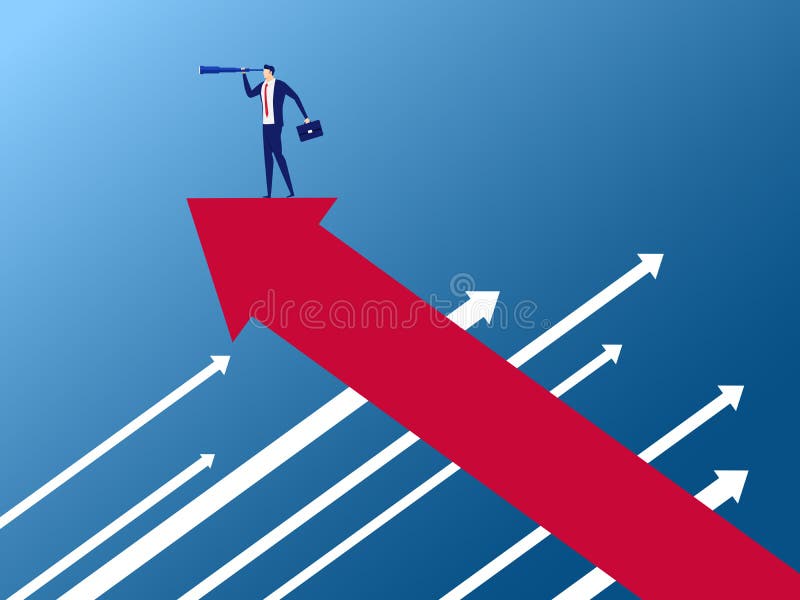 Businessman stand on arrow growth graph on the opposite direction using telescope looking for success. Opportunities, future business trends. Vision concept royalty free illustration