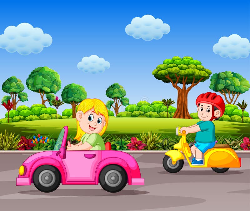 The children drive the transportation on the street with the garden background. Illustration of the children drive the transportation on the street with the royalty free illustration