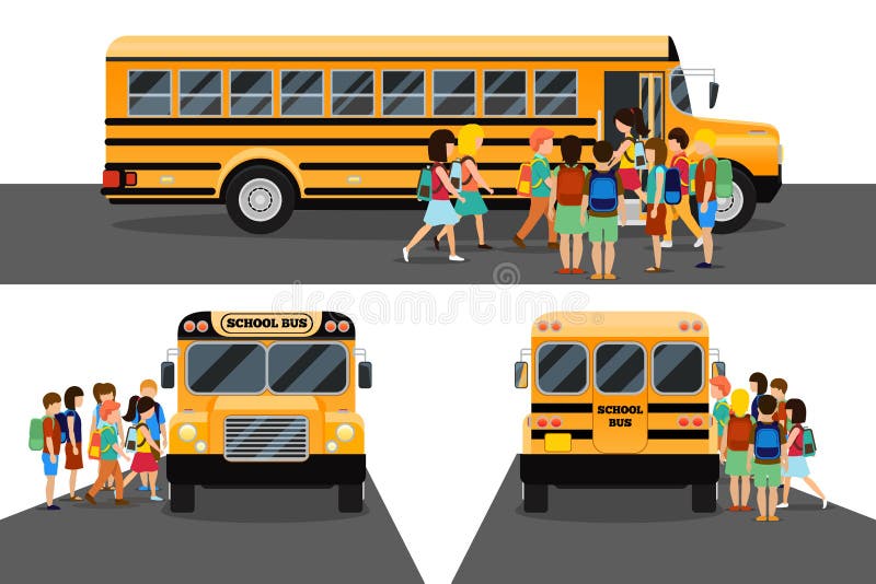 Children get on school bus. Transportation pupil or student, transport and automobile. Vector illustration stock illustration