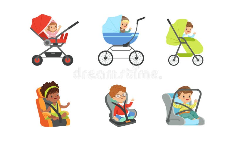 Children Sitting in Baby Carriages and Booster Chairs Waving Hands Vector Illustrations Set. Children Transportation Concept royalty free illustration