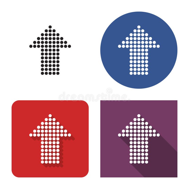 Dotted icon of upward direction arrow in four variants. With short and long shadow stock illustration