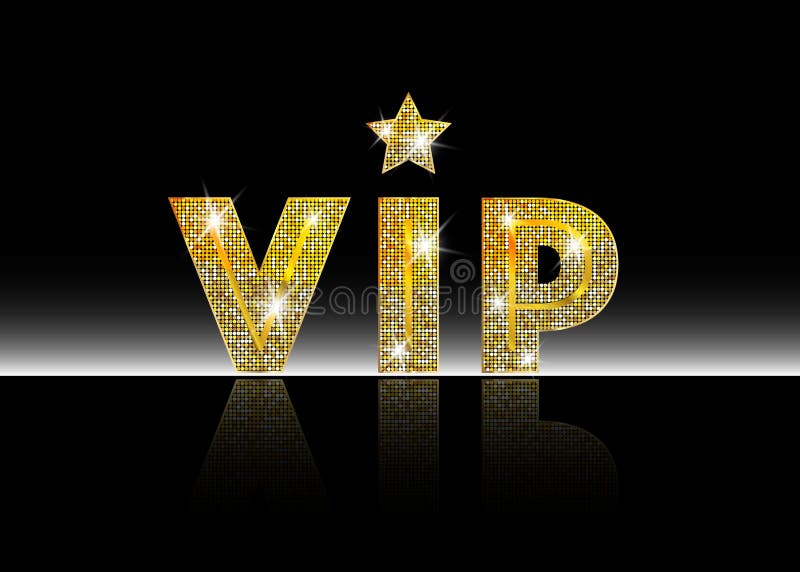 Golden symbol of exclusivity, the label VIP with glitter. Very important person - VIP icon on white background Sign of exclusivity. With bright, Golden glow stock illustration