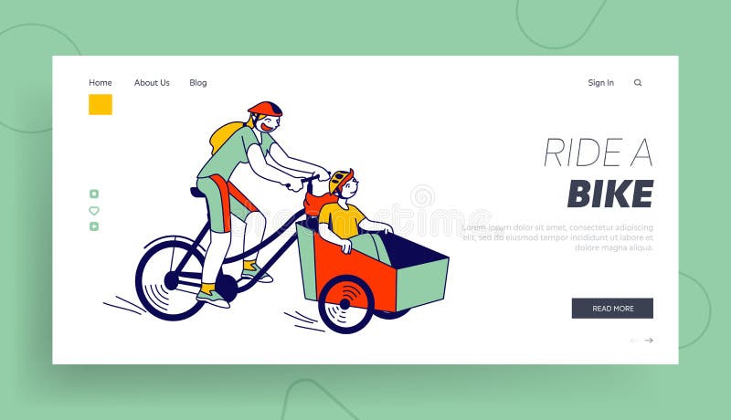 Healthy Lifestyle, Eco Transportation, Family Spare Time Landing Page Template. Woman with Child Characters Riding Bike. With Trailer. Active People Enjoying royalty free illustration