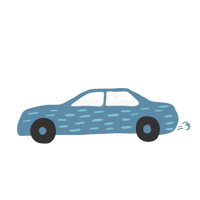 Little blue car in doodle style. Cute children automobile transportation. Baby transport. Drawing sketch. Vector illustration stock illustration