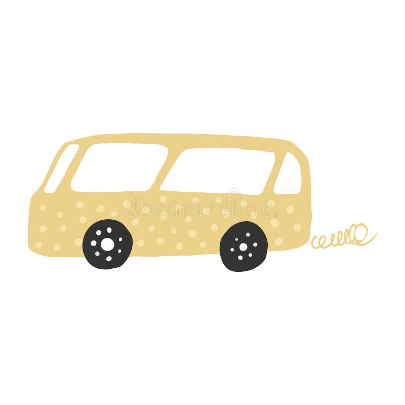 Little yellow bus in doodle style. Cute children`s bus. Automobile transportation. Vector illustration royalty free illustration