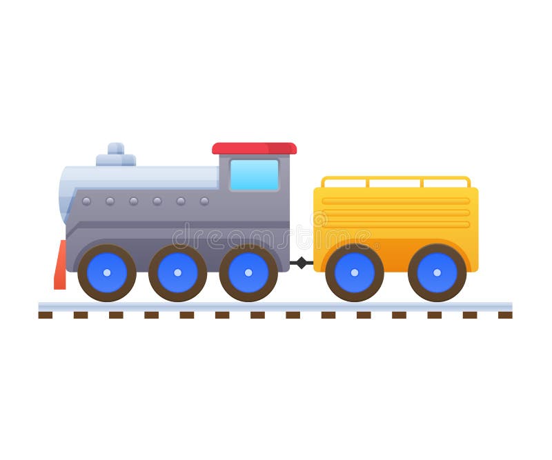 Children s toys. Beautiful multicolored train, locomotive, passenger and cargo transportation. Modern colorful children s cartoon toys. Home kid s toys. A royalty free illustration