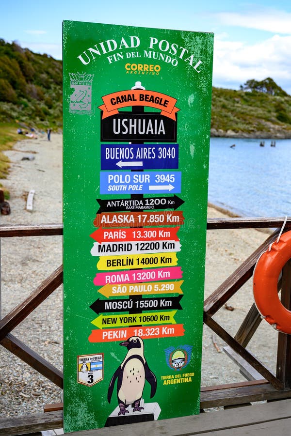 Post sign with km information to important capital cities all over the world like New York, Paris, Madrid, Berlin from Patagonia. Post sign with km distance to stock photo Post sign with km information to important capital cities all over the world like New York, Paris, Madrid, Berlin from Patagonia. Post sign with km distance to stock photo