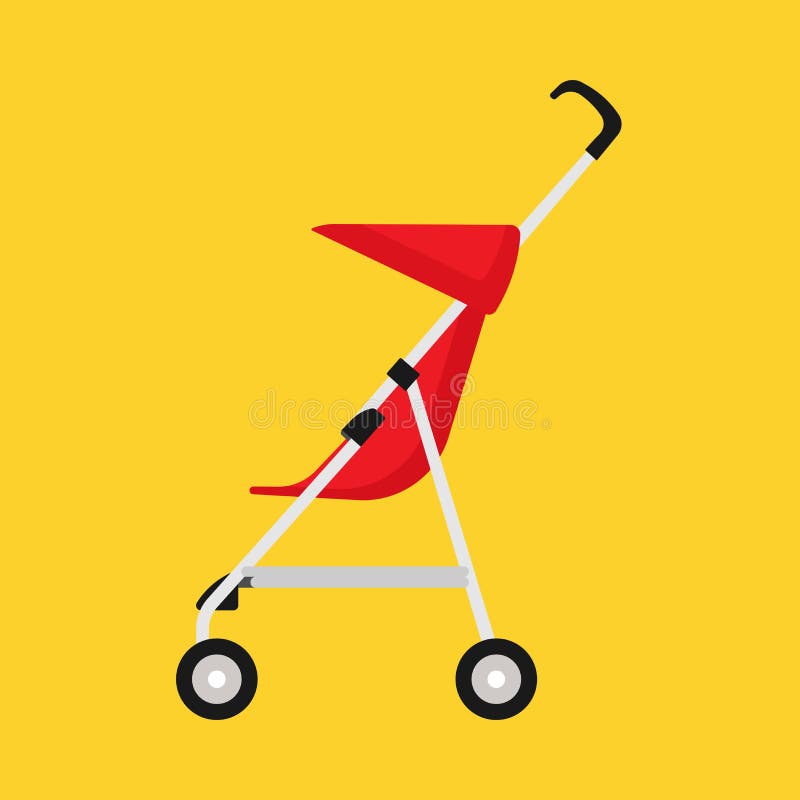Pram child red carriage vector icon side view. Baby childhood buggy stroller. Toddler wheel flat transportation mom.  vector illustration