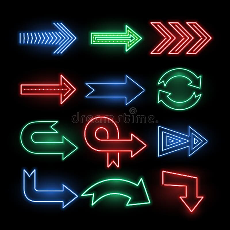 Retro neon direction arrow vector signs, icons. Neon arrow electric illuminated illustration vector illustration