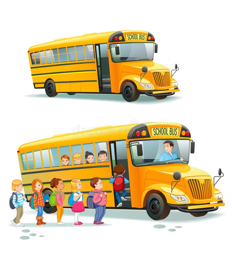 School bus. Children get on school bus.Transportation pupil or student, transport and automobile. Vector illustration. School bus. Children get on school bus stock illustration