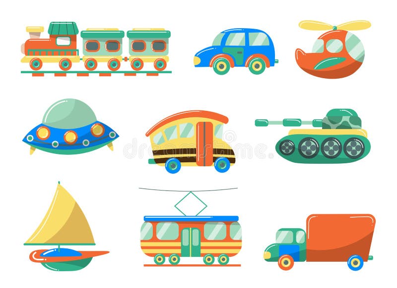 Set of cute transportation toys for children. Vector illustration in flat cartoon style. Collection set of cartoon cute transportation toys for children - truck vector illustration