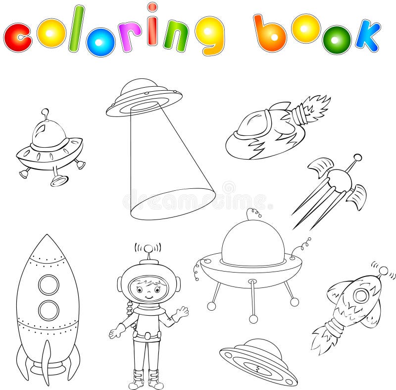 Set of spacecraft, spaceship and aerospace vehicle. Flying saucer, satellite and astronaut. Coloring book for children. Vector illustration stock illustration