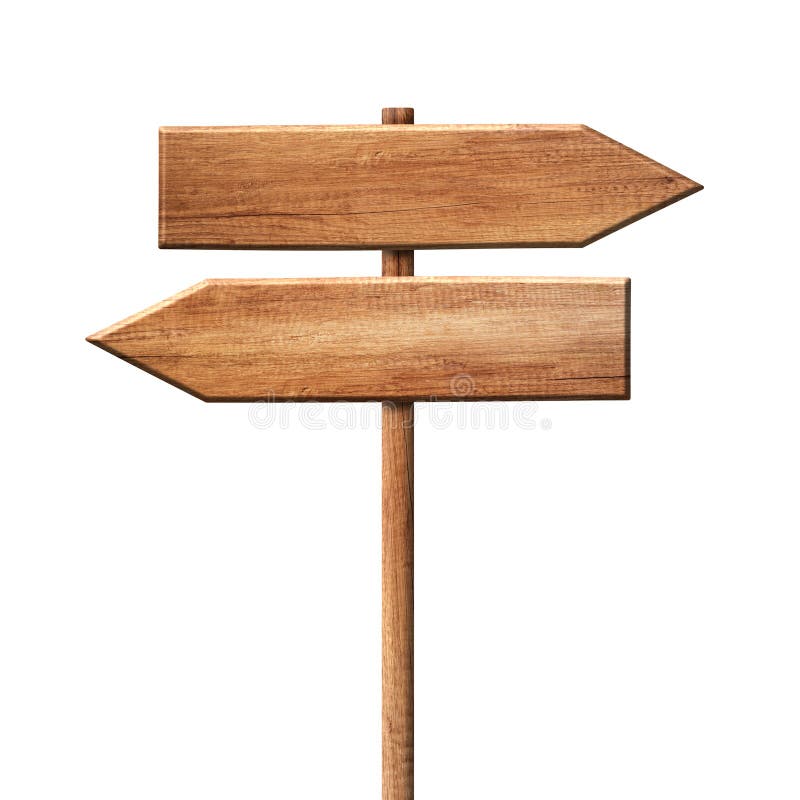 Simple wooden direction arrow signpost roadsign made of natural wood with single pole. Simple empty direction arrow signpost roadsign made of natural wood with stock illustration