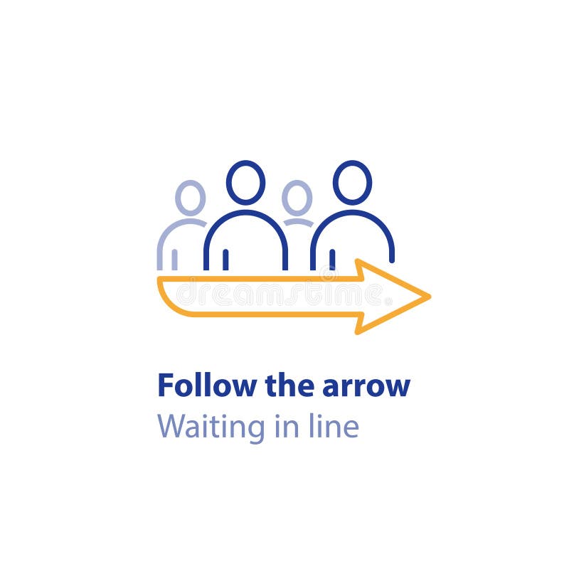 Waiting in line, standing in queue, follow the arrow sign, direction pointer, vector icon. Standing in line, waiting in queue, follow the arrow sign, direction royalty free illustration