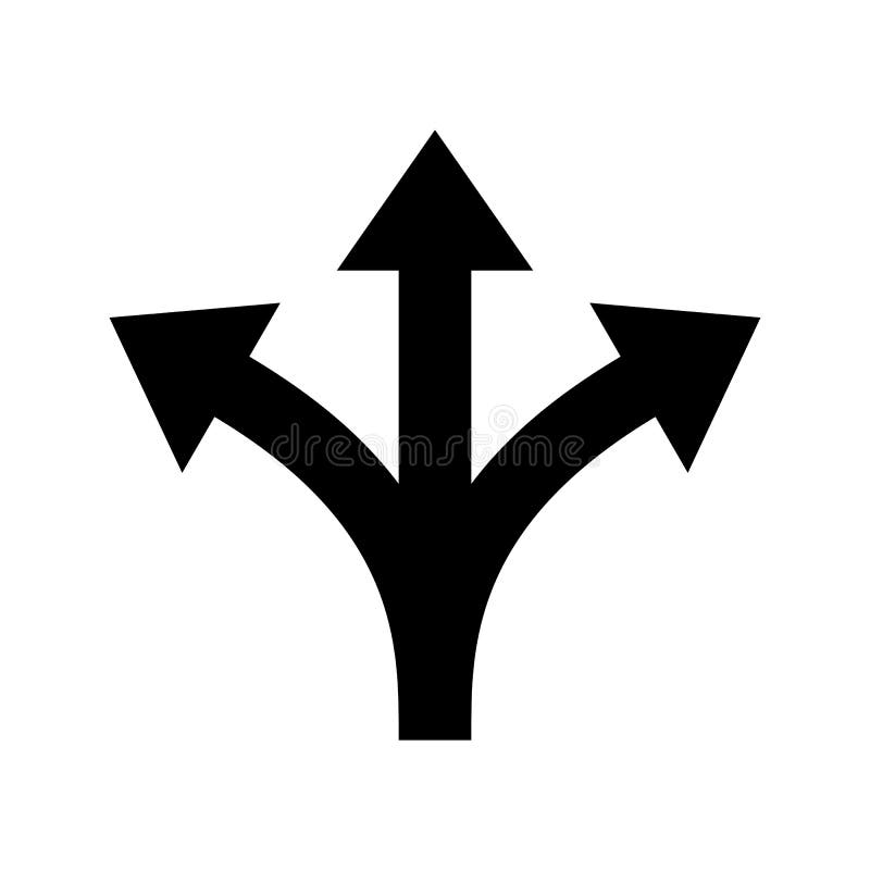 Three way direction arrow vector sign. Three way direction arrow sign. Vector icon for road marking of Y three-way or triple multiple pathway split intersection stock illustration