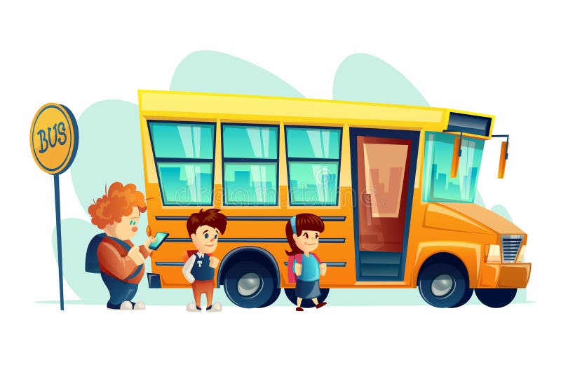 Vector illustration of children get on school bus on the stop sign. Transportation pupil. Banner for internet, design. Vector illustration of children get on vector illustration