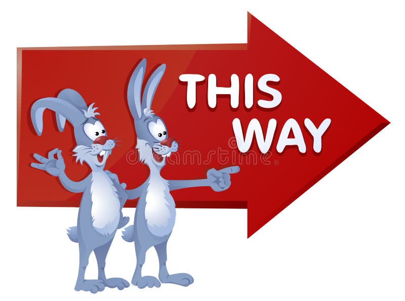 This way. Big red arrow. Rabbits show the direction. Cartoon styled vector illustration. Elements is grouped and divided into layers. No transparent objects stock illustration