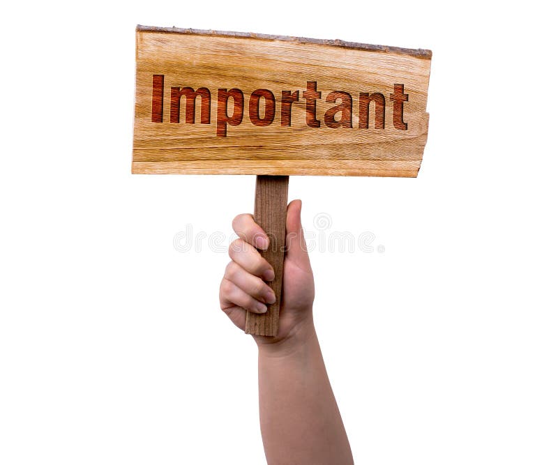 Important wooden sign. A woman holding important wooden sign isolated on white background royalty free stock photography