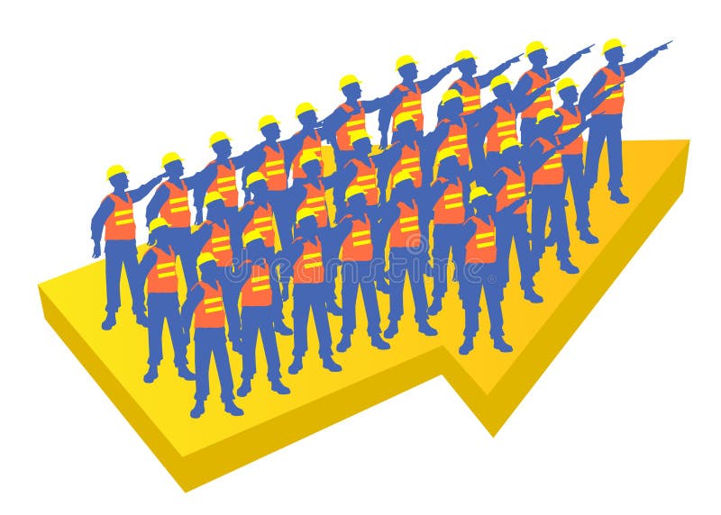 Worker team pointing to the same direction upon an yellow arrow. Blue worker team with yellow helmets pointing to the same direction upon an yellow arrow stock illustration
