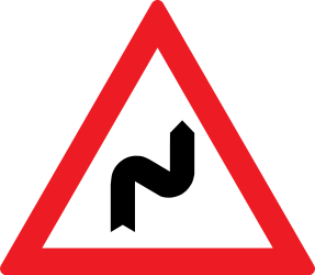 Traffic sign of Romania: Warning for a double curve, first right then left