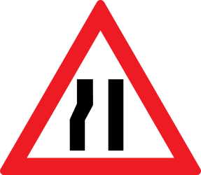 Traffic sign of Romania: Warning for a road narrowing on the left